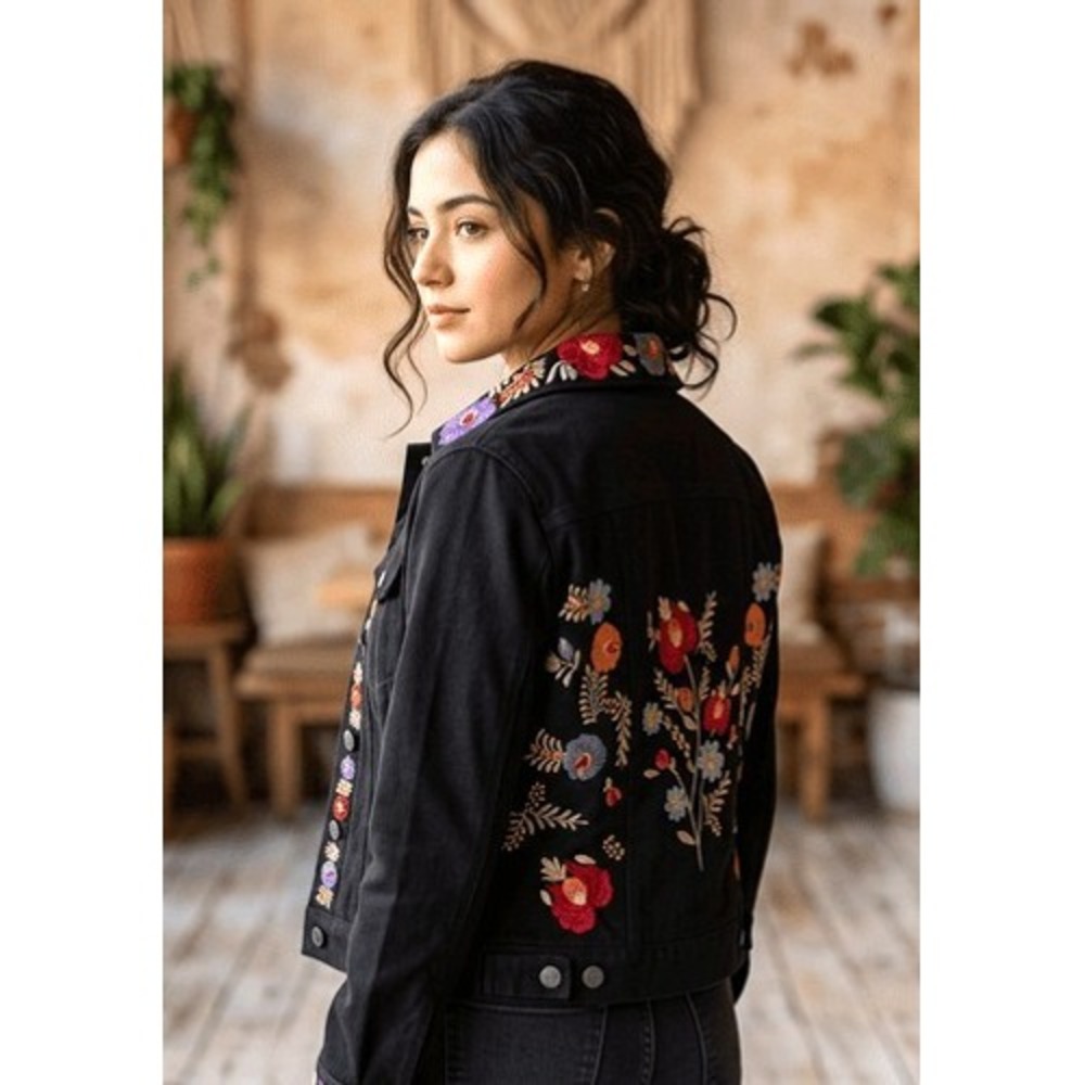Coldwater Creek Black Floral Jacket, Button Up, Microfiber, Boho, Big XS